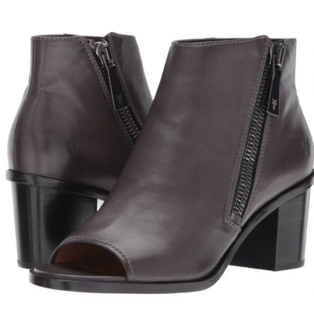 Frye Brielle Leather Peep Toe Zip Ankle Booties Charcoal Gray Size 7.5